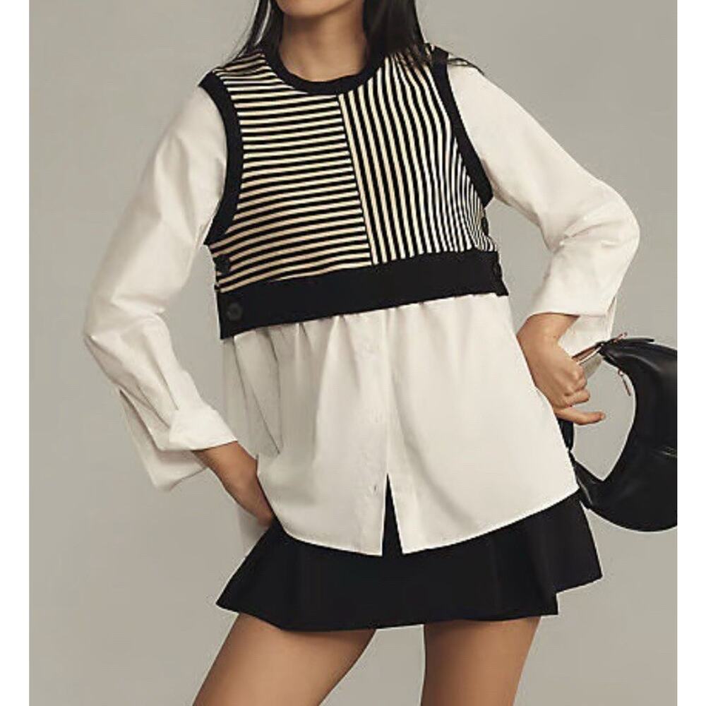 Anthropologie Maeve Women’s S Linen‎ Twofer Sweater Vest Top Striped